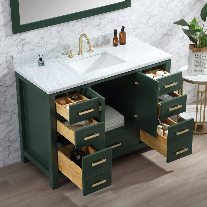 Meuble-lavabo simple autoportant de 48 po avec plateau en marbre de Carrare Whitney, Vert, Or