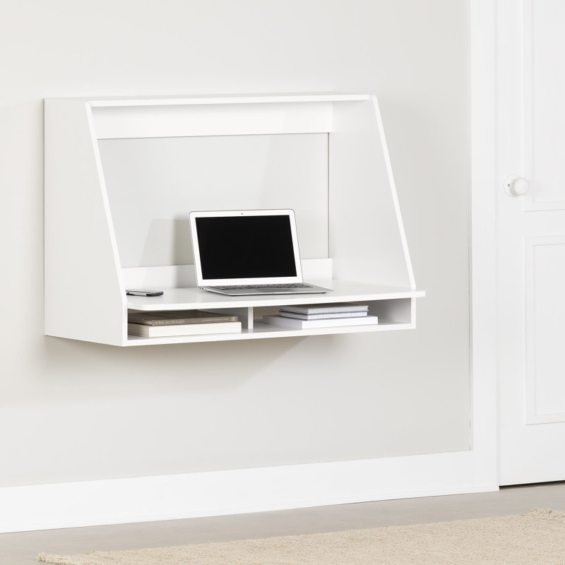 Pure White Wall Mounted Floating Desk with Open Storage Shelf