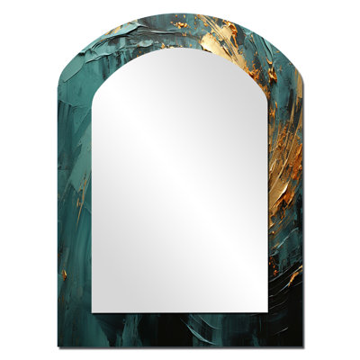 Golden Emerald Surge - Abstract Spirals Asymmetrical Unique Wall Mirror, Modern Arch Mirror, Printed Metal Art
