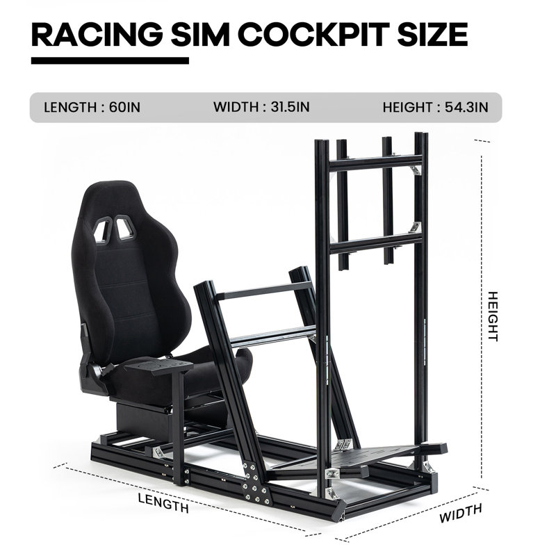 Anman Racing Simulator Cockpit Aluminum with TV Stand & Black Seat Fit Logitech G29, Not Include Steering wheel & Wheels & Pedals and Shifter Handbrake