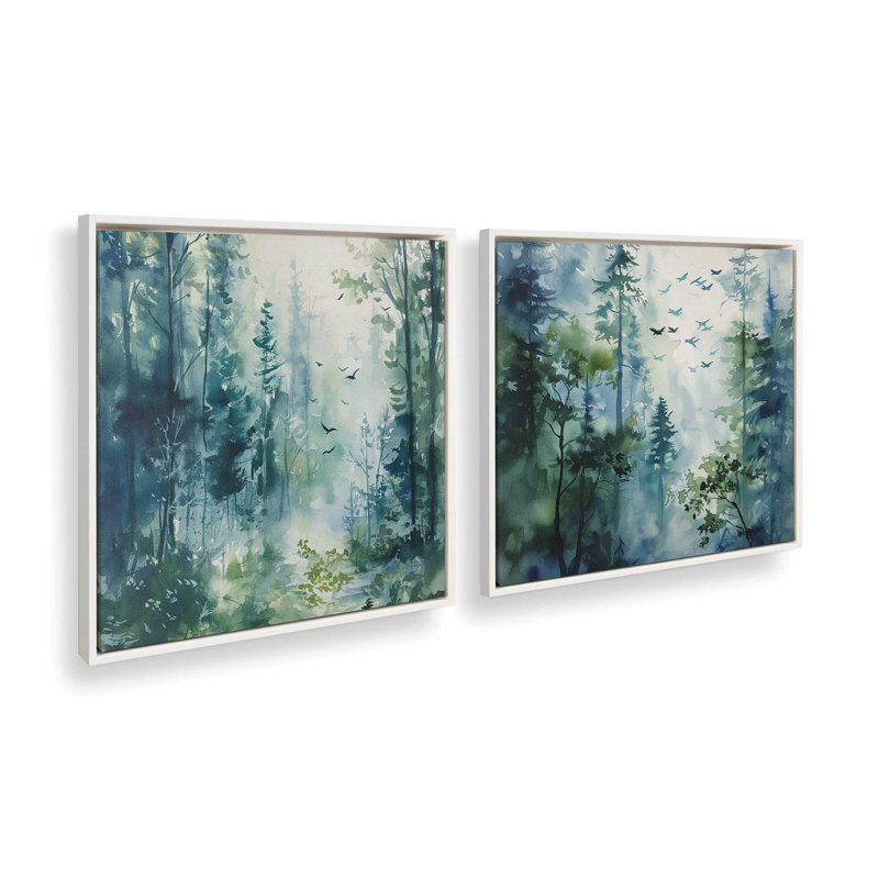 «Blue and Green Enchanted Forest», ensemble de 2, reproduction sur toile, Cadre blanc, H 12,75 po x l 12,75 po x P 1,75 po