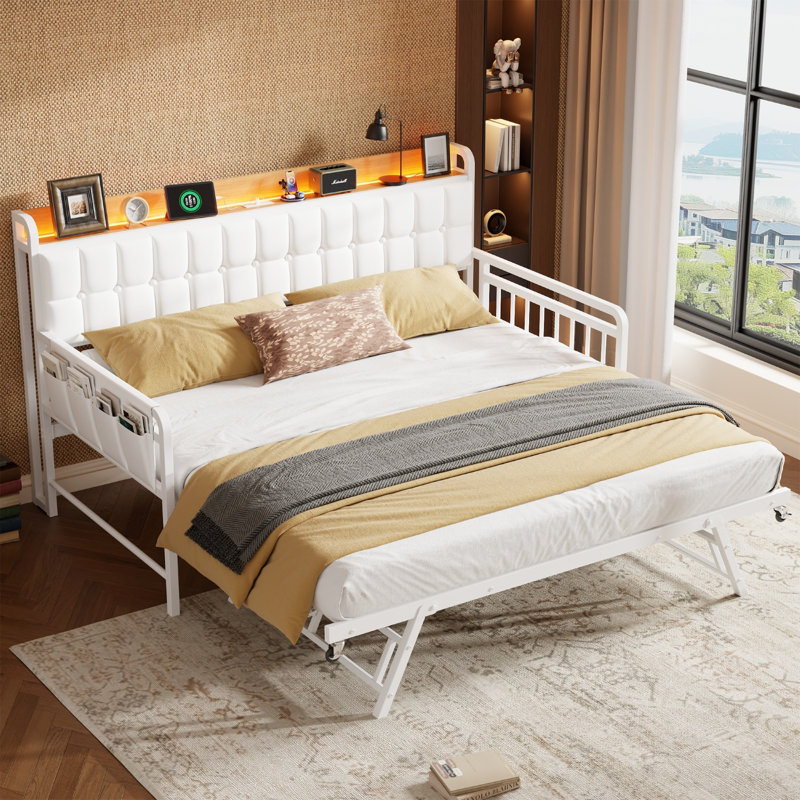 Lit de jour simple avec couchette avec lumière et station de charge, canapé-lit rembourré avec tête de lit et lattes métalliques robustes, pour le salon, la chambre à coucher, la chambre d'amis, blanc