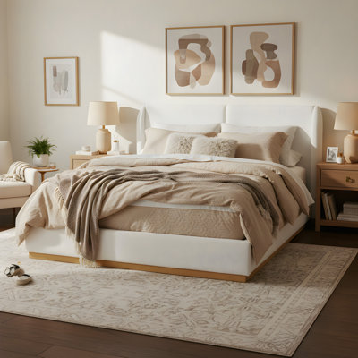 Modern White Bouclé Winged Bed Frame With Enclosed Wood Base