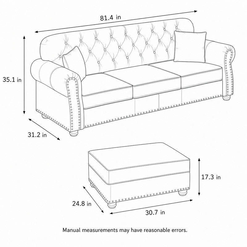 " Velvet Sofa, Canapé 3 places avec repose-pieds, Velours bourgogne