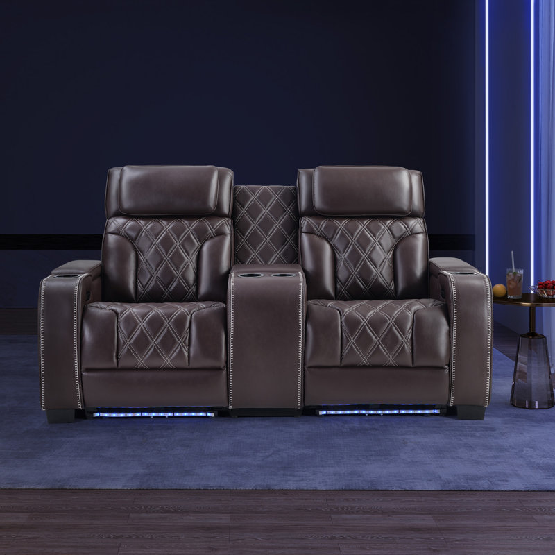 73" Wide Top Leather Power Reclining Loveseat With Adjustable Headrest And Ambient Arm Lighting, Brown