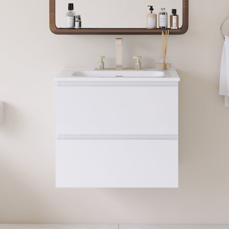 Wall Mounted Single Bathroom Vanity With White Ceramic Integrated Top, White, 24"