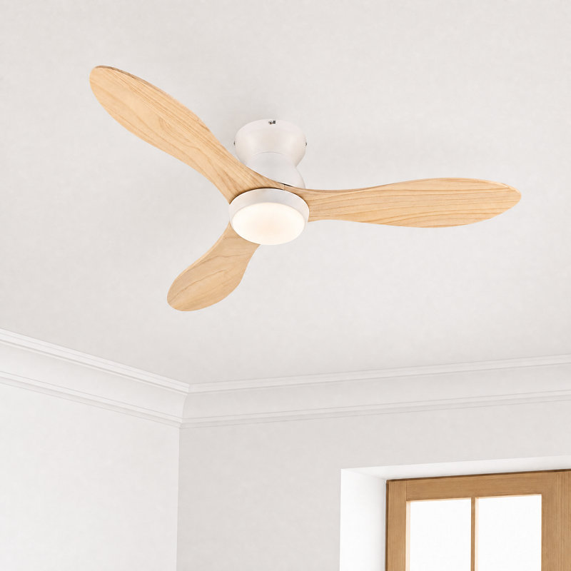 42" Flush Mount Low Profile Small Room Solid Wood Ceiling Fan with LED Light and Remote, Light Yellow Wood