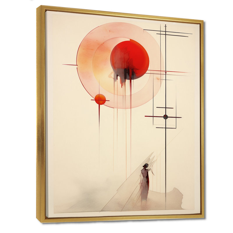 Lune rouge, géométrie rétro, art mural abstrait, Toile avec cadre flottant or, H 32 po x l 16 po x P 1 po