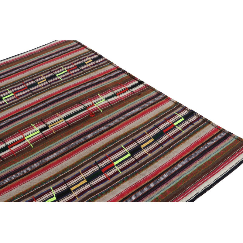 1950S Vintage Chaput Kilim Rug In Red And Brown, Multicolor Stripe Patterns