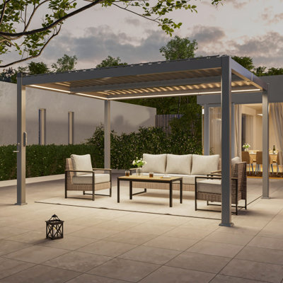 LED Lighted Full Aluminum Louvered Pergola with Adjustable Rainproof Roof & Drainage System, All-Weather Heavy Duty Outdoor Patio Pergola, Shade Structure for Backyard Deck Garden Pool Lawn Porch