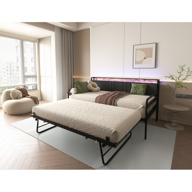 Daybed With Trundle,Sturdy Metal Bed Frame With Upholstered Headboard And Charging Station For Living Room, Bedroom And Guest Room