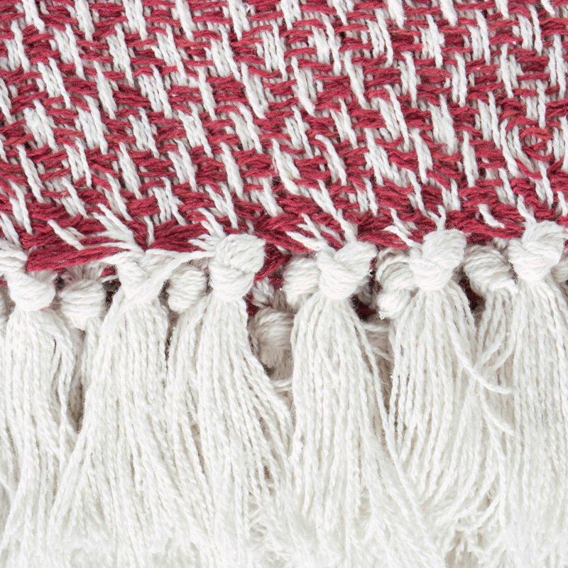 Barn Red Cotton Woven Throw with Sherpa Fringe