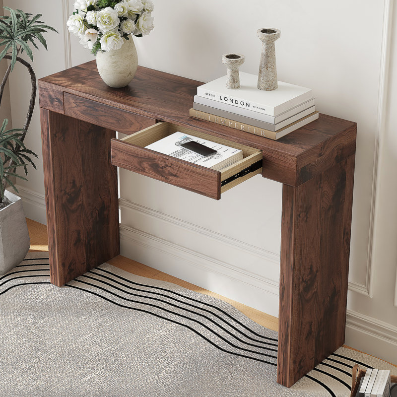 Elegant Natural Walnut Wood Grain Bar Table With Double Drawers, Ideal For Modern Home Decor And Multi-Functional Use