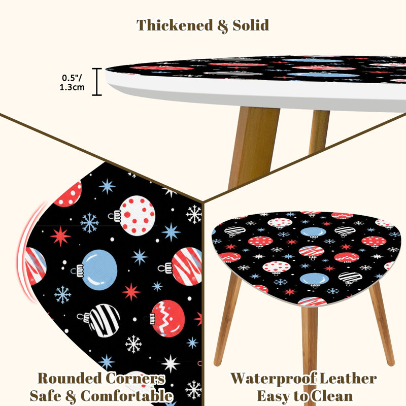 Ensemble de 2 tables basses gigognes triangulaires modernes, décorées de flocons de neige et de motifs de Noël colorés. Style vintage noir. Table d'appoint empilable, idéale pour le salon, la chambre ou un appartement. Décoration intérieure.