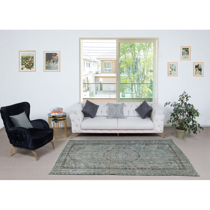 Tapis bleu 5,3 x 8,4 pi pour intérieurs modernes, fabriqué à la main en Turquie