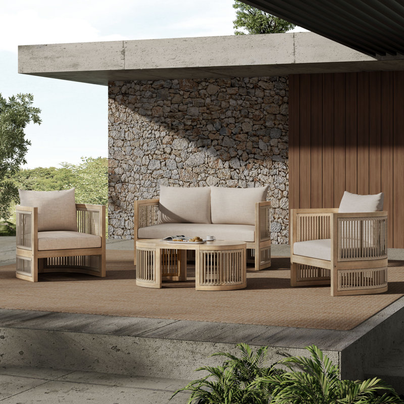 Vibe Outdoor 4-Peice Acacia Wood Woven Rope Conversation Set With Cushions