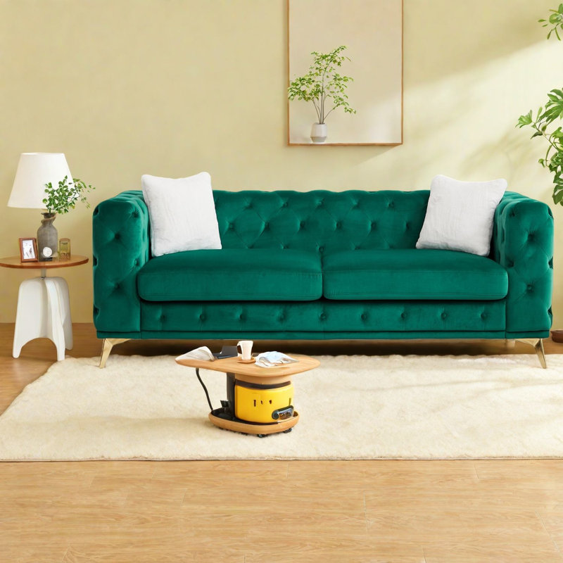 Canapés à compression, Chesterfield en velours vert de 82,5 pouces avec pieds en métal pour la maison