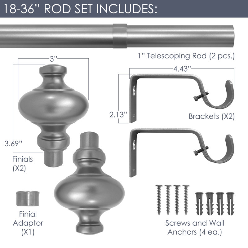 Tringle à rideaux simple réglable en métal Iraida Elver, 18 po à 36 po de largeur, Bronze foncé