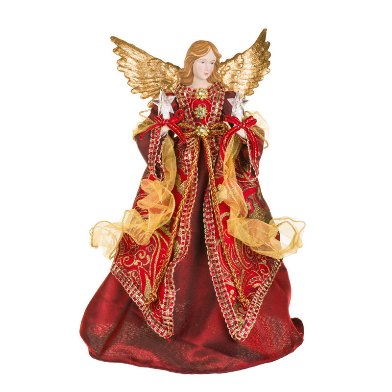 Décoration pour sommet de sapin ange en tissu rouge 10 lumières tenant des étoiles
