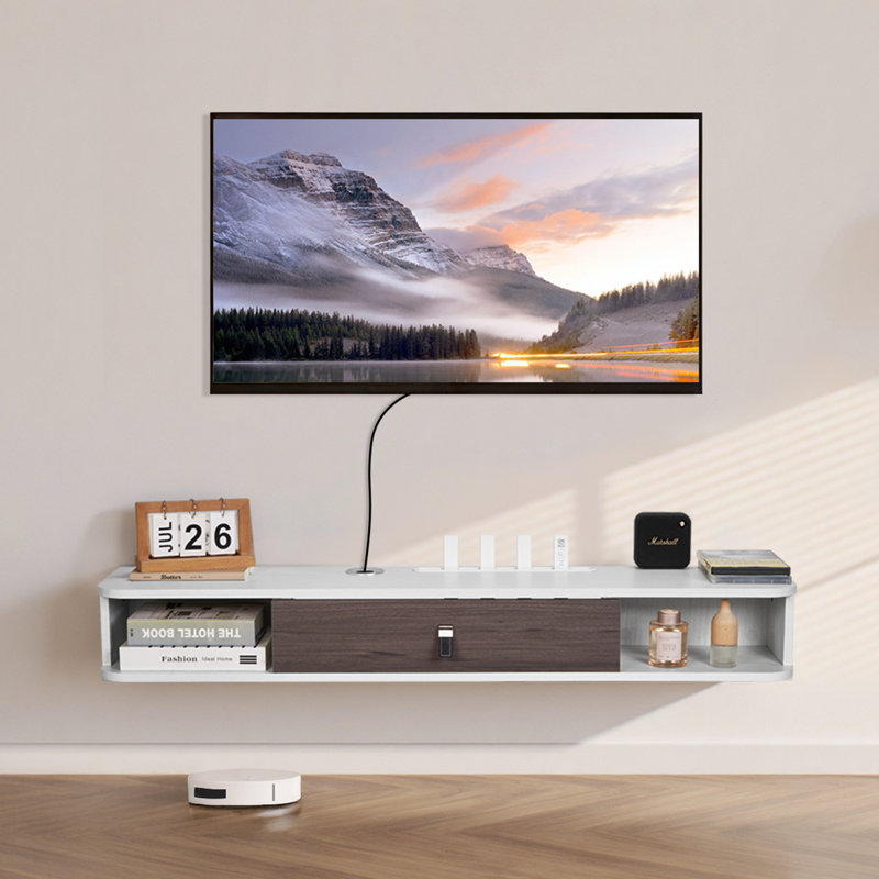 Floating TV Stand, Wall Mount Entertainment Center with Cable Hole, Modern Floating TV Shelf with Storage Cabinet, Particle Board Console for DVD Player, Cable Box, Game Console, White