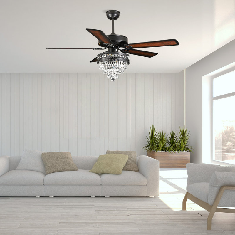 Ventilateur de plafond d'intérieur à 5 pales en cristal avec télécommande et lumière, 52, Noir