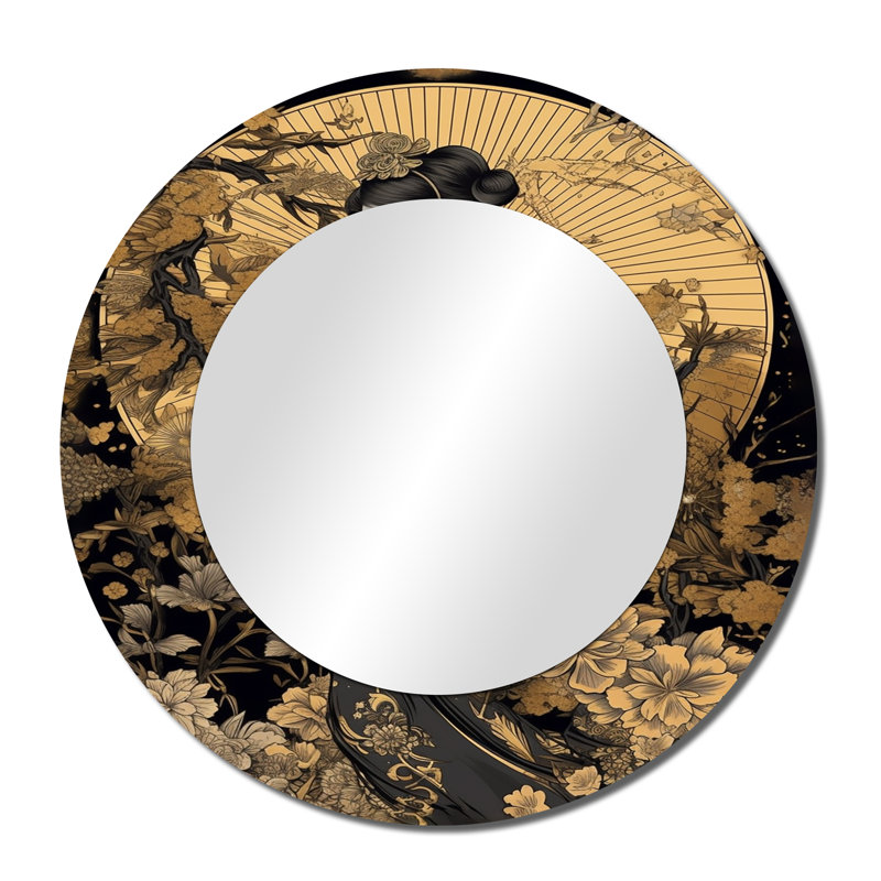 Ferrucci Elegant Japanese Woman I - Woman Decorative Mirror, Gold Round Wall Mirror, Printed Metal Art, 36" x 36"