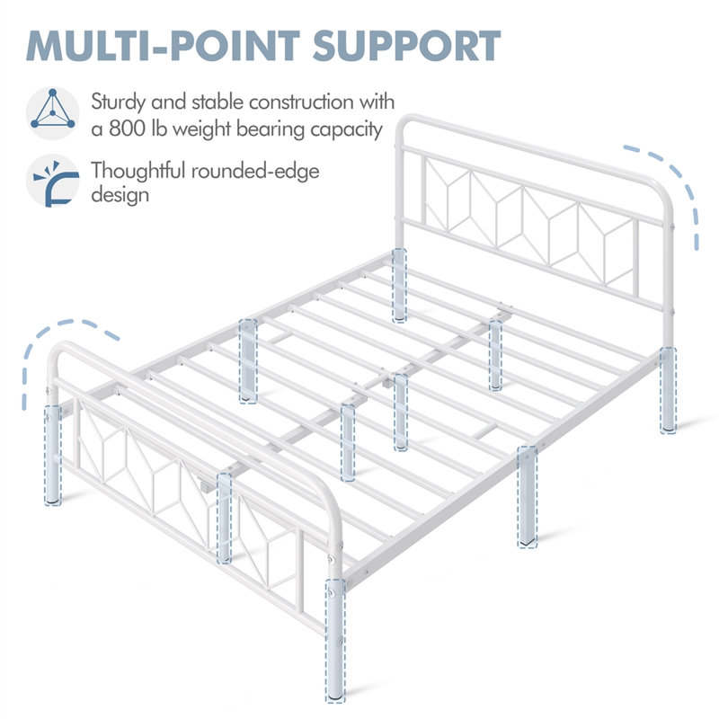 White Queen Metal Platform Bed Frame with Headboard