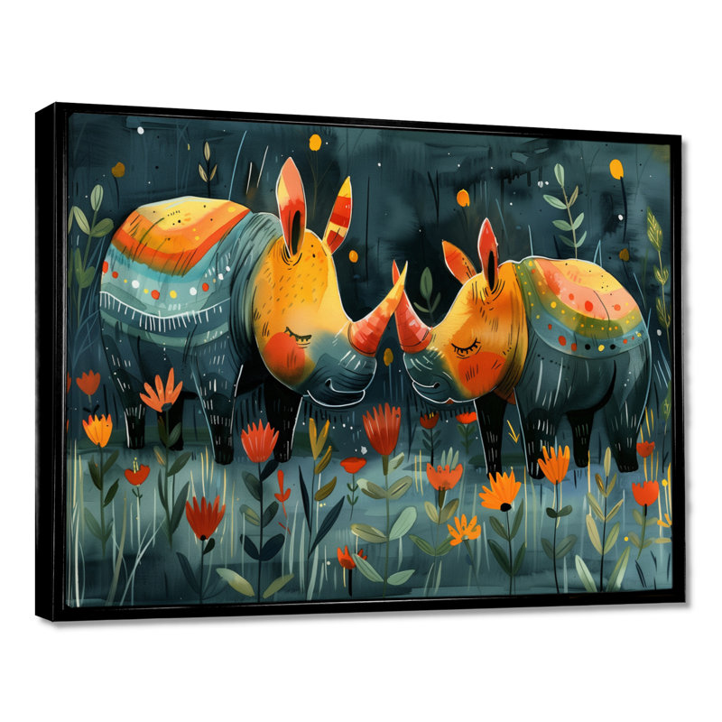Terrina - Rhinocéros, art mural animal, Cadre flottant noir, H 12 po x l 20 po
