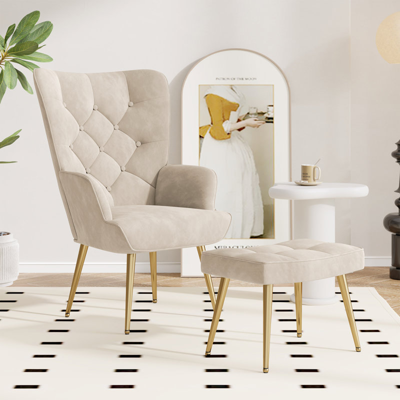 Velvet Lounge Chair, Beige, Gold