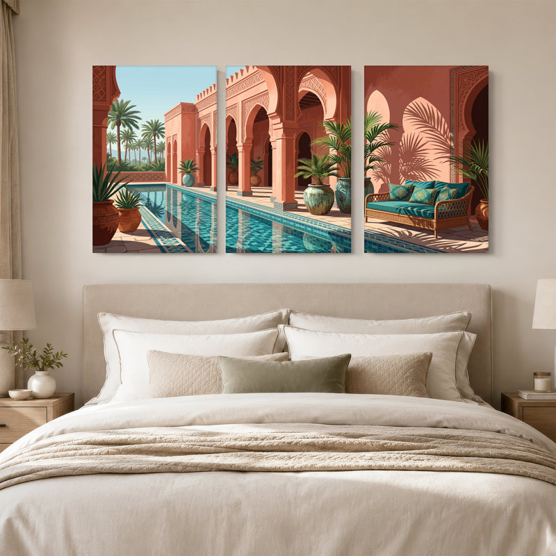 «Terracotta Courtyard with Pool and Palm Plants», ensemble de 3 toiles murales, 36"H x 24"W x 3pcs