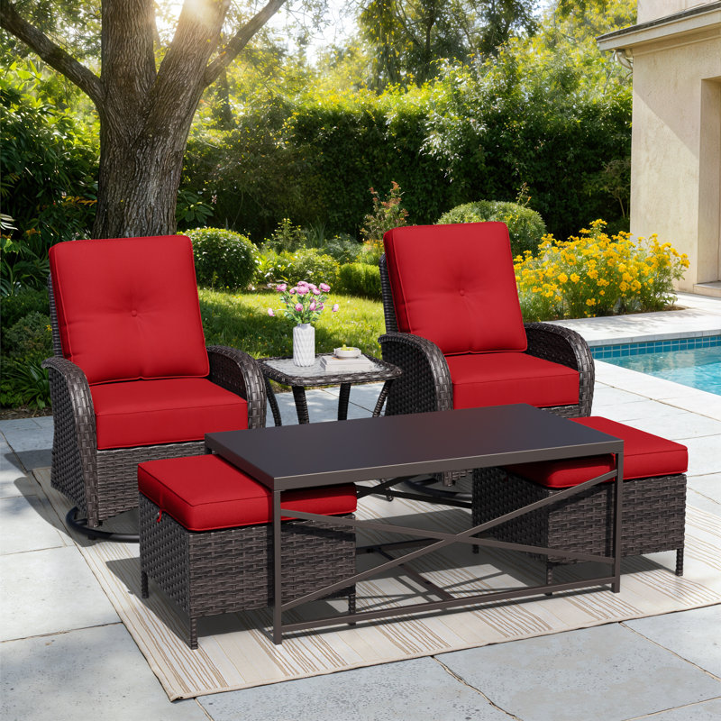 2-Person PE Wicker Outdoor Patio Set With Chairs, Ottomans, Side & Coffee Table & Red Cushions, Red