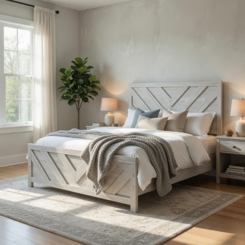 Cany Queen Size Bed, Chevron Pattern, Panel Headboard, Whitewash, Queen