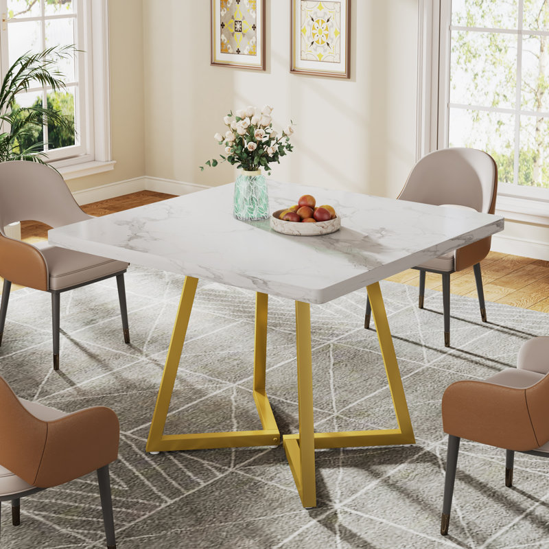 31.5" Industrial Square Dining Table, Small Kitchen Table for 4, White Marble, Gold