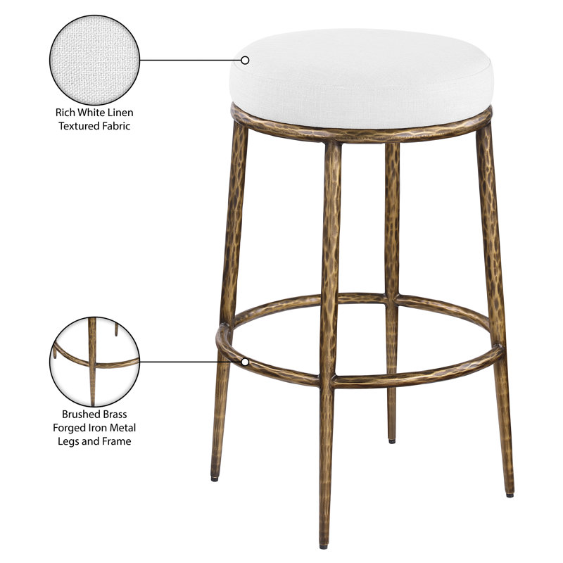 Tabouret de bar rembourré Ferro, Laiton, Tissu blanc performance