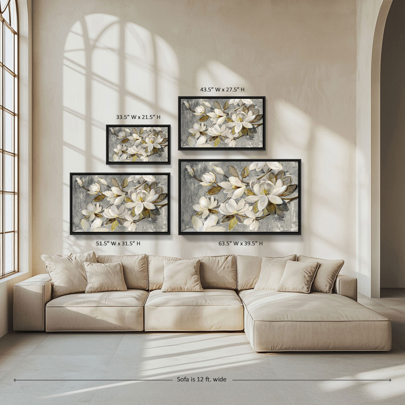 "Magnolia Simplicity Neutral Gray" par Silvia Vassileva, reproduction sur toile dans un cadre flottant, H 21,5 po x l 33,5 po