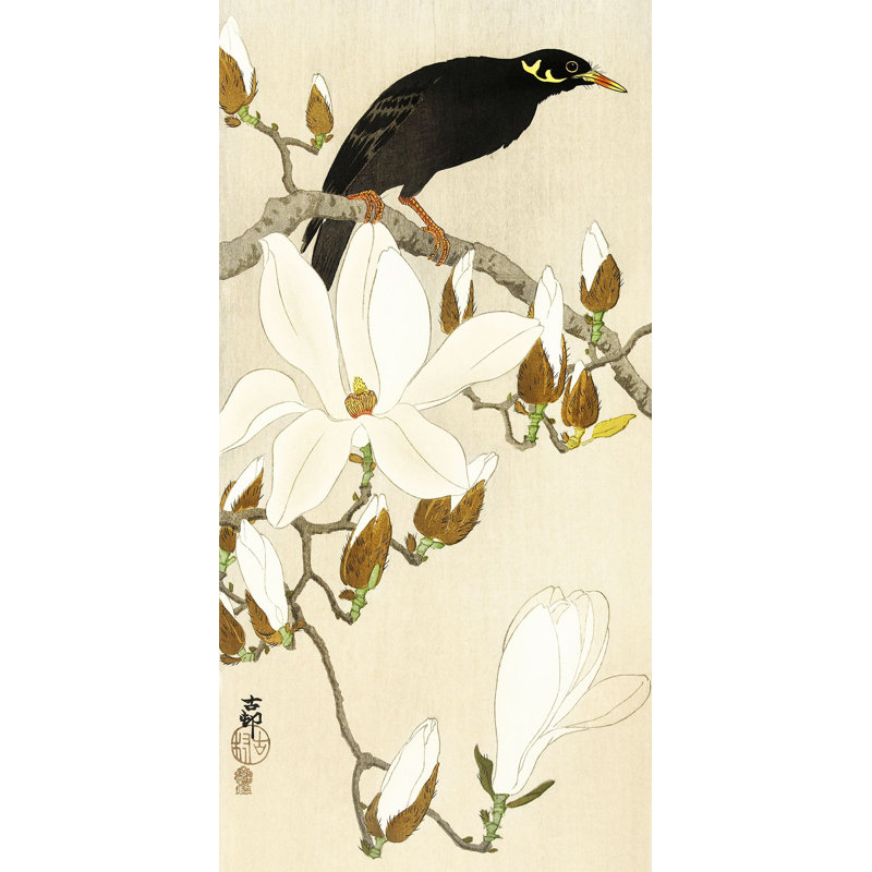 2JP6337 Myna On Magnolia Branch by Ohara Koson - Wrapped Canvas Print, 70cm H x 35cm W x 4cm D