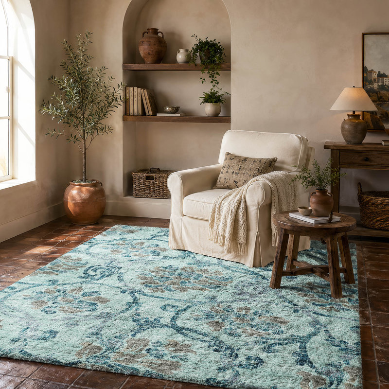 Tapis Dream Shag ADS766 de qualité supérieure, lavable à la machine et à motif floral, Teal, 8' x 10'