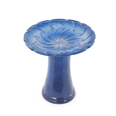 Glazed Ceramic Bird Bath with Swirl Embossed Tray and Pedestal Base