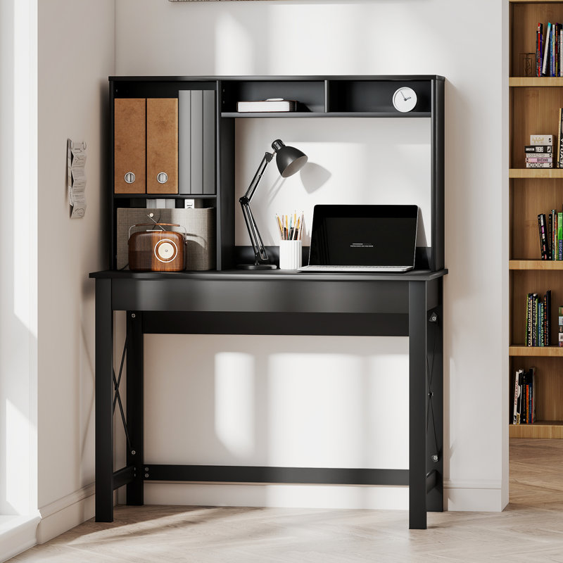Bureau d'ordinateur avec rangement, table d'étude avec huche, tablettes, noir