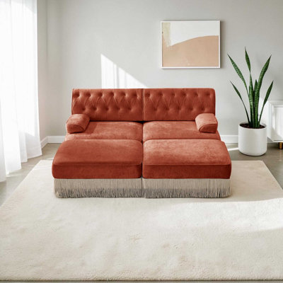 Geneveve 76.6"W Velvet Fabric Sectional Loveseat with 2 Ottomans, Button Tufted Design, Floor-grazing Tassel Fringe Skirt