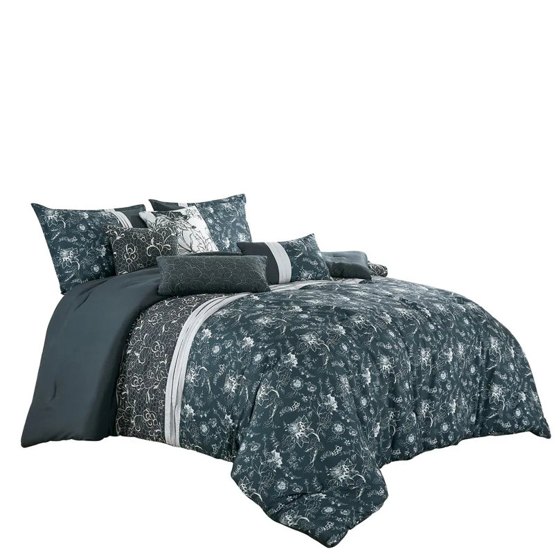 Ensemble d'édredon floral 7 pièces bleu blanc, Édredon de très grande taille et 6 pièces suppl