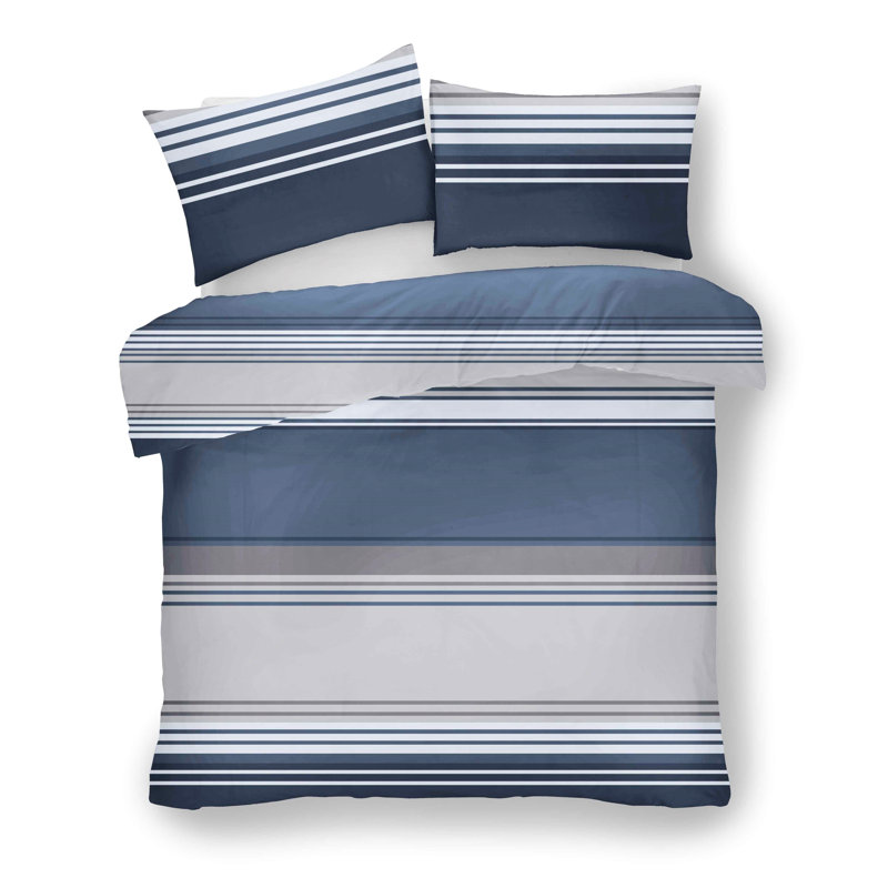Geometric Polycotton Duvet Cover Set with Pillowcases - Lightweight Bedding in Single, Double & King Standard UK, Blue, King
