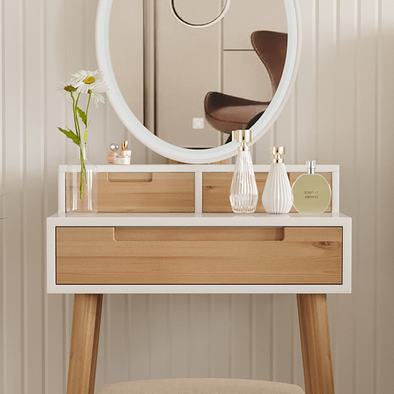 Barther Vanity Table Set with Adjustable Brightness Mirror and Cushioned Stool, Natural/White/Beige