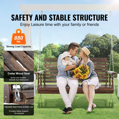 Balancelle en bois de 4,5 pi, balancelle de patio pour cour et jardin, capacité de charge élevée améliorée de 880 lb, banc de balançoire robuste avec chaînes suspendues pour l'extérieur, carbonisé