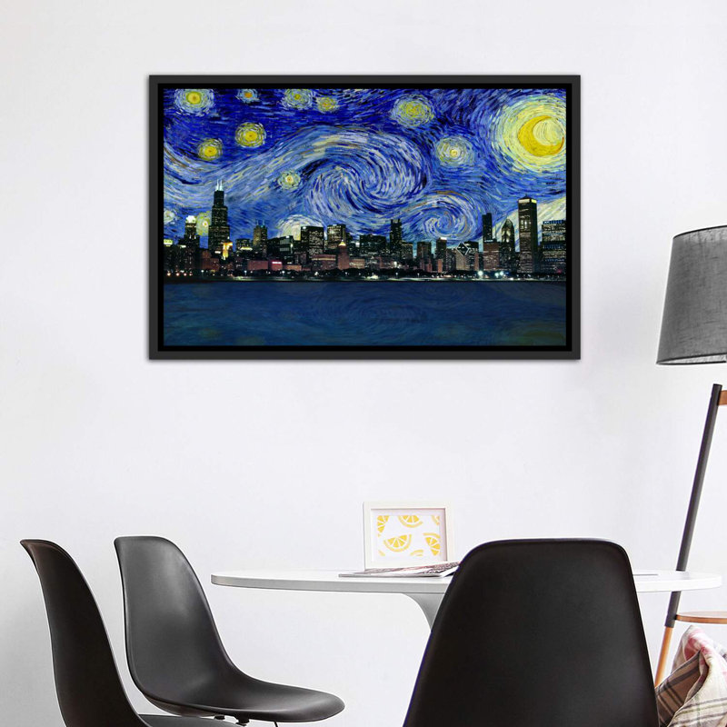 Chicago, Illinois, nuit étoilée, impression d'art graphique, H 40 po x l 60 po x 1,5 po, Toile avec cadre noir