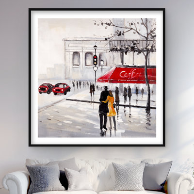 Couple marchant près d'un café - reproduction encadrée romantique