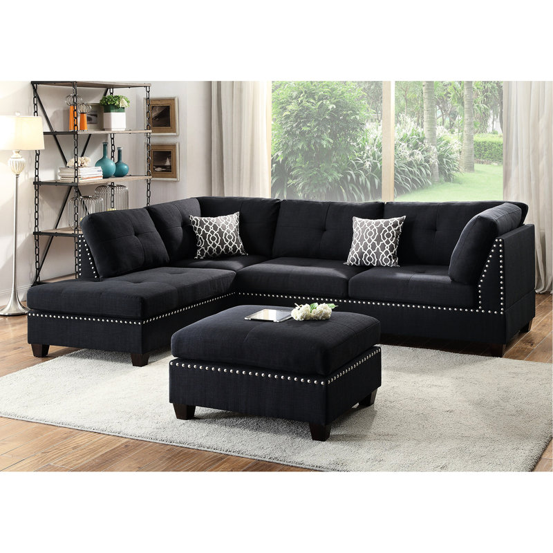 Canapé modulaire réversible en polyfibre noir avec 2 coussins décoratifs et 3 coussins décoratifs en forme de L, rembourrés de mousse haute rembourrée, livré avec une méridienne de 34 po x 75 po et 3 po, 3 coussins, format confortable 35 po, 24 po et 19 po