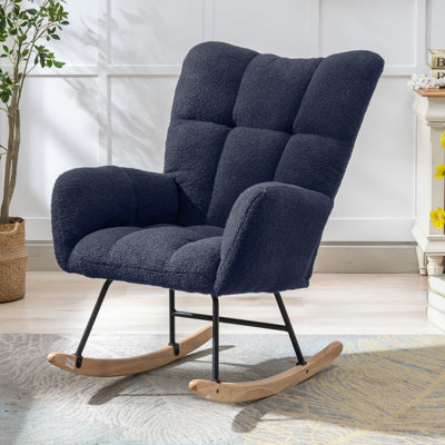 Dark Blue Teddy Fabric Wingback Glider Rocker with Side Storage Pocket, Soft Comfy Nursing Rocking Chair, Sturdy Safe Solid Wood Base, Multiuse Accent Chair for Nursery & Living Room