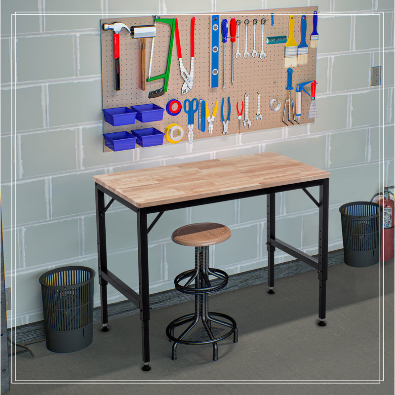 Établi ajustable 48 po pour garage, table d'atelier en bois d'hévéa avec patins en caoutchouc, poste de travail en bois franc, capacité de poids de plus de 2000 lb