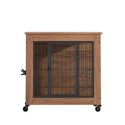 Cage pour petits chiens de 69 cm (27,2 po), robuste, à double porte, en métal avec roulettes, table d'appoint en bois, bien aérée et facile à assembler, structure en acier brun facile à déplacer.